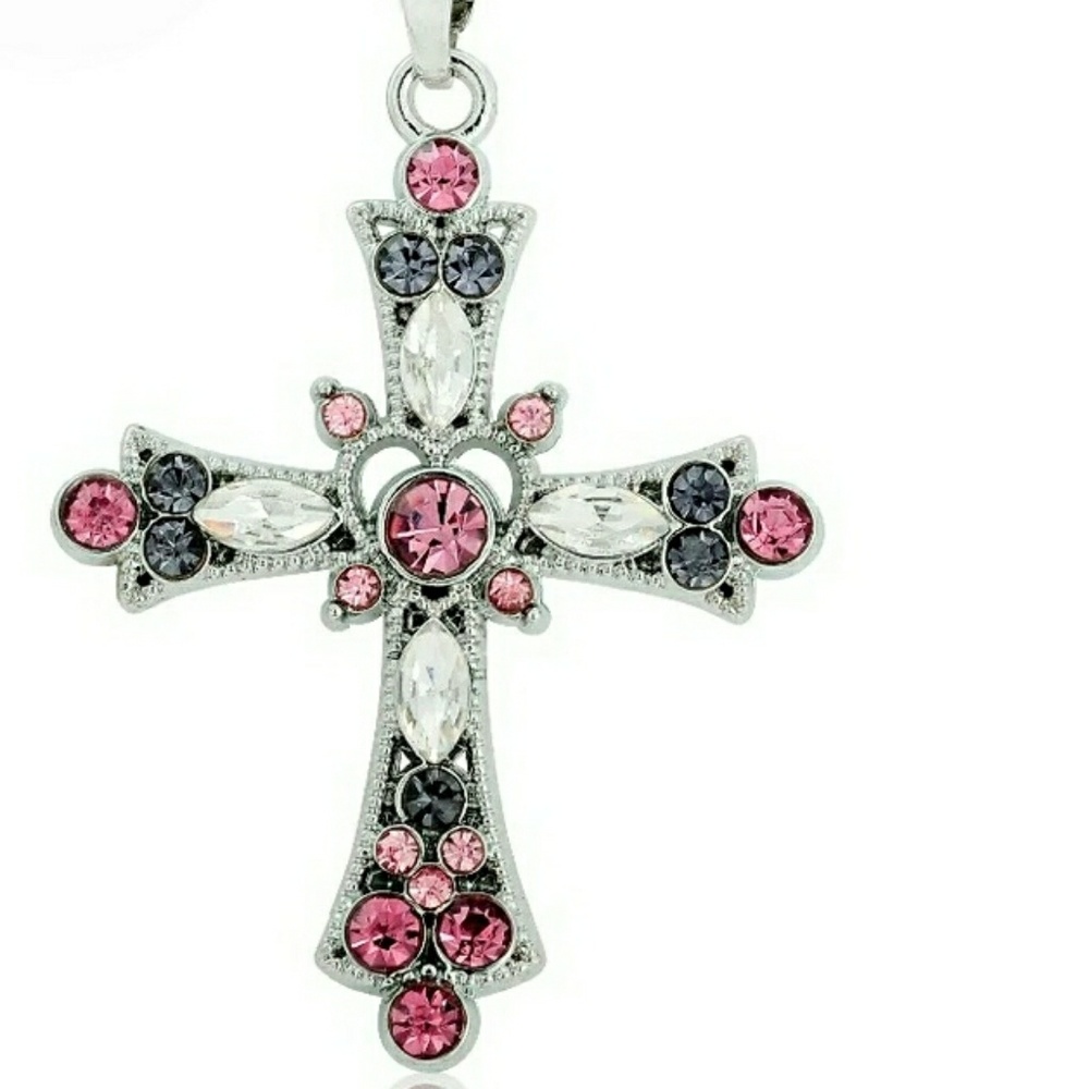 Womens Pink and Silver Cross Necklace